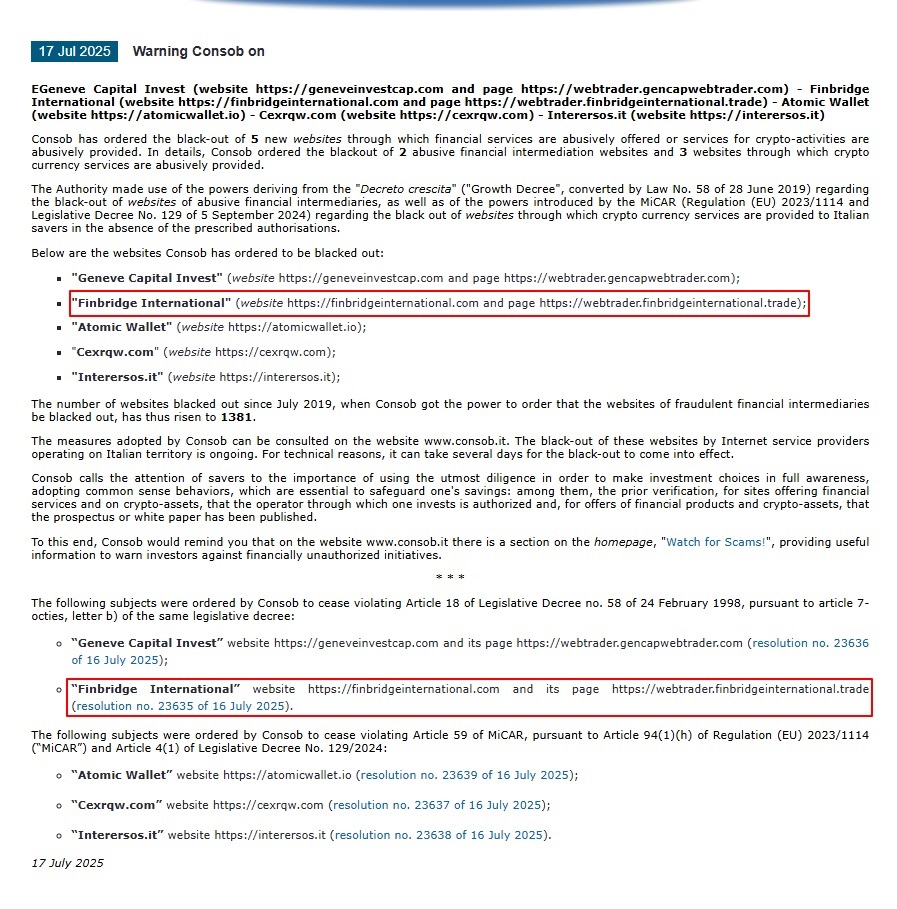 Finbridge-International-CONSOB-Warning