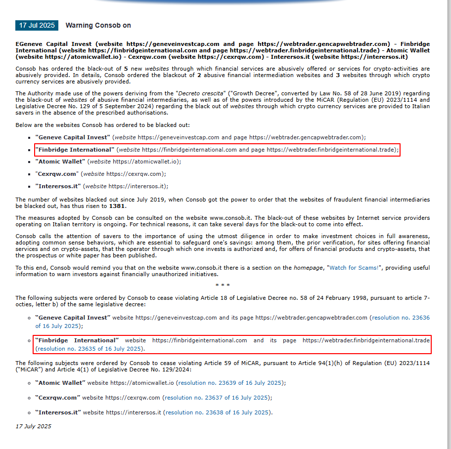 Finbridge International CONSOB Warning