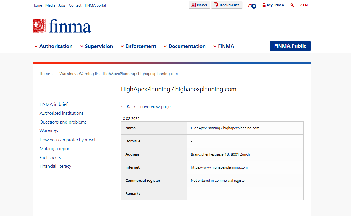 HighApexPlanning-highapexplanning-com-Warning-list-FINMA