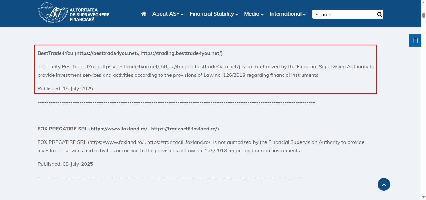BestTrade4You ASF Romania Warning