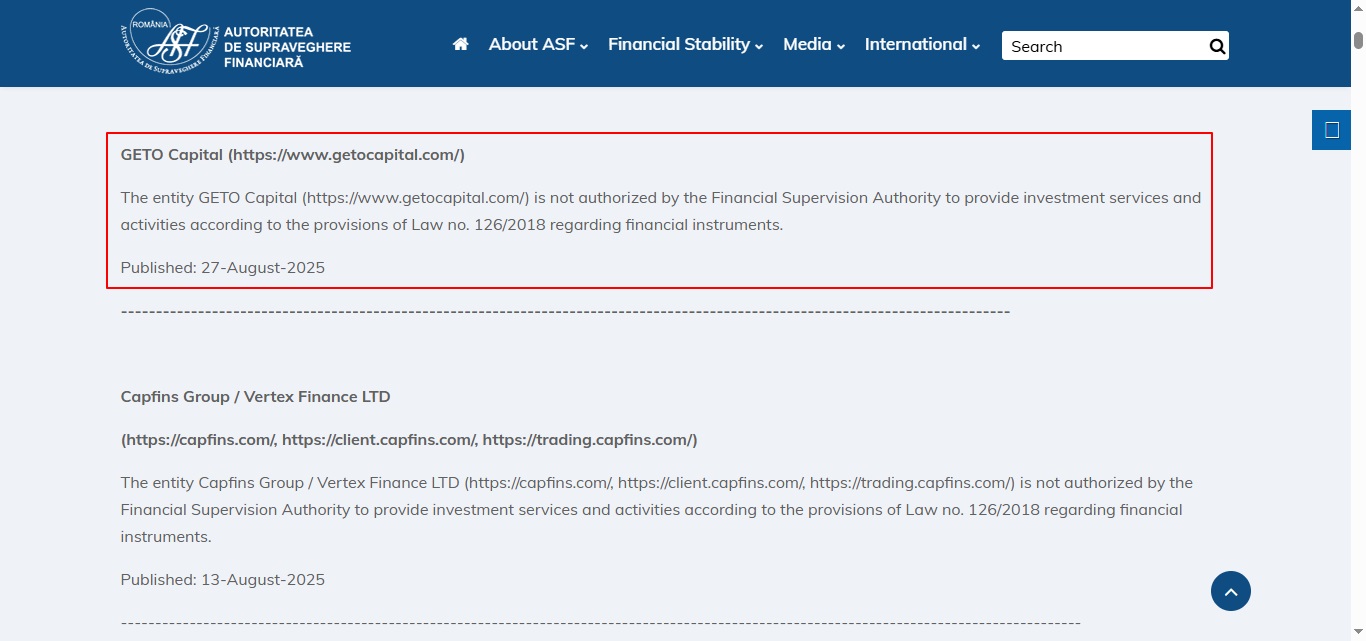GETO Capital ASF Romania Warning