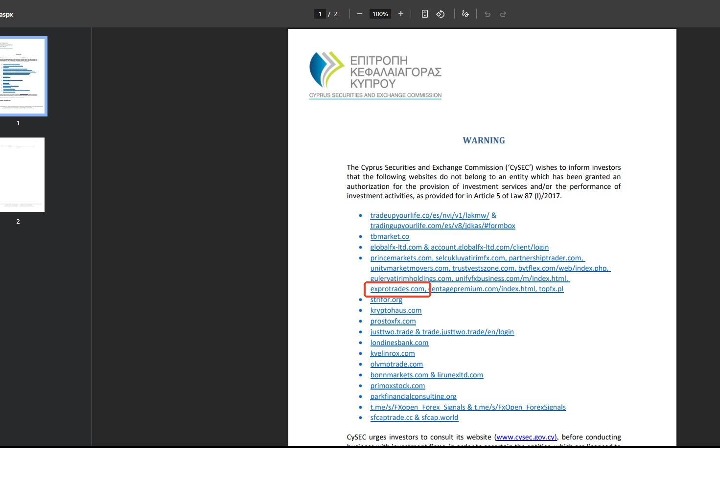 The Cyprus Securities and Exchange Commission (CySEC) issued a warning against Exprotrade