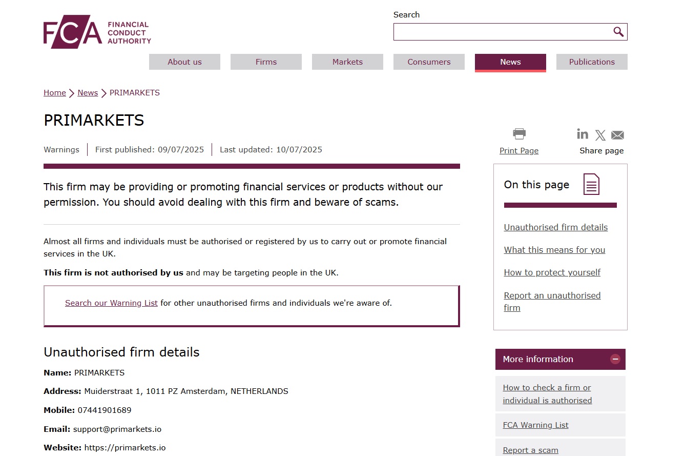 PRIMARKETS-FCA-Warning
